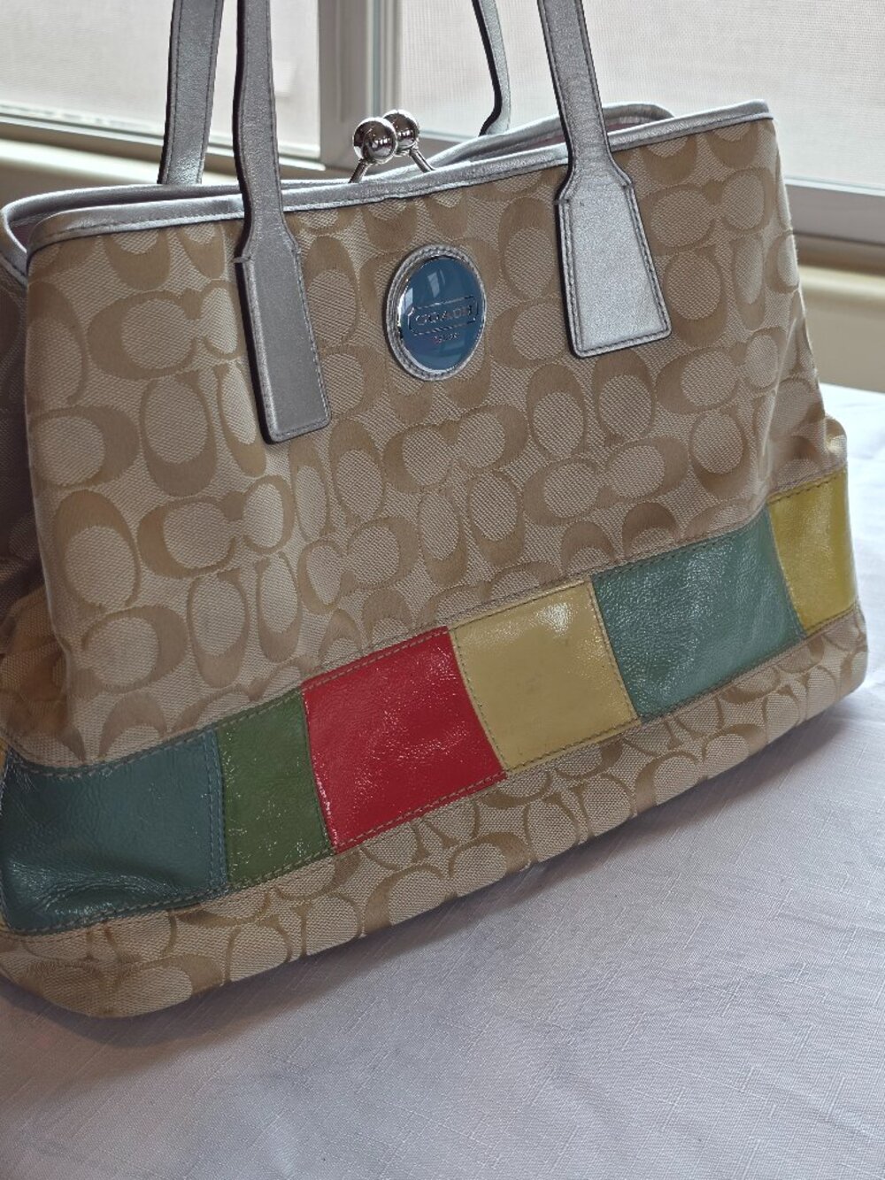 Coach Signature Stripe Frame Carryall Handbag w/Kiss Lock